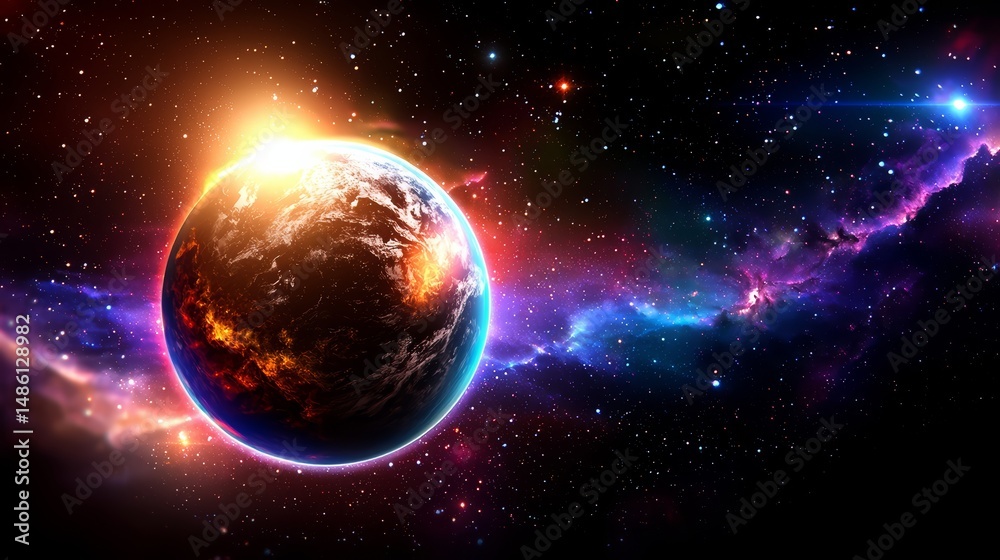 Aufkleber Colorful planet is floating in space with a bright sun in the background. The planet is surrounded by a colorful galaxy, and the stars are scattered throughout the scene