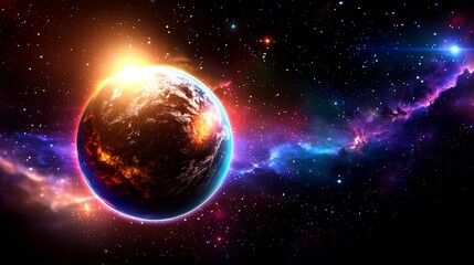 Obraz premium Colorful planet is floating in space with a bright sun in the background. The planet is surrounded by a colorful galaxy, and the stars are scattered throughout the scene