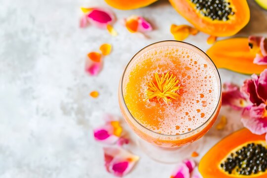 	Vibrant papaya drink with bubbles, served on a white tabletop with scattered fruit and floral accents  - Powered by Adobe