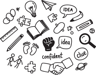 Hand drawn education and creativity doodles, idea and confidence icons, business teamwork sketches, perfect for learning resources, motivational designs, brainstorming visuals