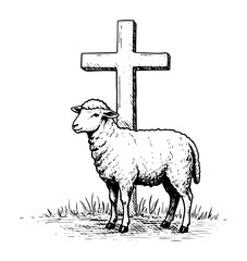 lamb standing in front of christian cross symbol