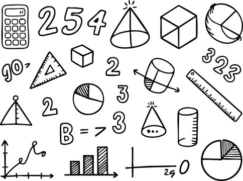 Hand drawn math and geometry doodles, educational sketches of shapes, graphs, and numbers, ideal for school materials, STEM illustrations, classroom posters, learning resources