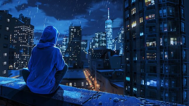 A lone, barefoot person in a hoodie sits contemplatively on a high-rise city ledge at night, overlooking a vast, detailed metropolis. Introspective urban solitude art.