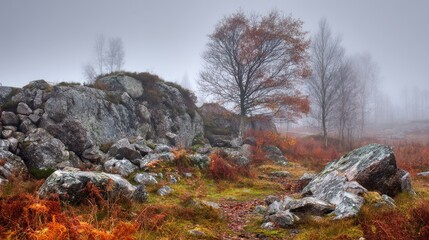 Foggy Autumn Landscape Rock, Trees, and Colored Foliage