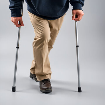 Man on crutches on a gray background. Close-up a elderly man walking with crutches.