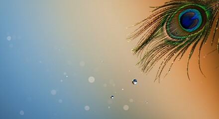 Delicate Peacock Feather with Water Droplets, Vibrant Colors
