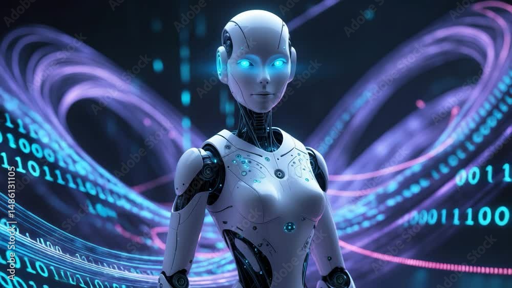 Poster futuristic digital network scene featuring a white humanoid robot with binary code surrounding its h