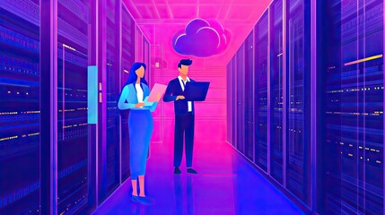 Data center engineers working with cloud computing technology illustration