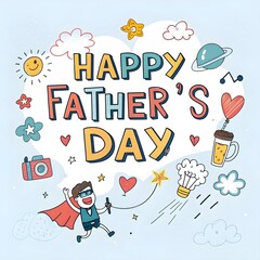 Fototapeta premium Whimsical and Joyful Father's Day Art: Superhero Dad and Playful Elements.