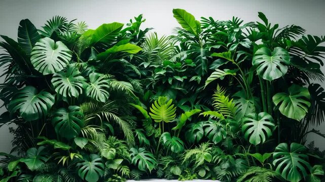 Bush arrangement of tropical foliage plants for a floral display in an indoor garden setting, nature backdrop.