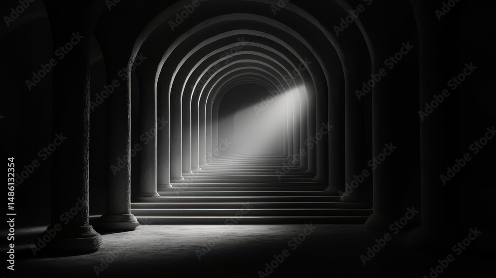 Poster dark, narrow tunnel with a light shining through it. the light casts shadows on the walls and floor,