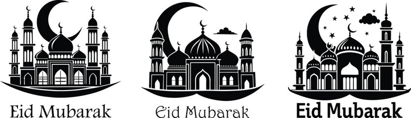 Eid Mubarak Mosque Silhouettes with Crescent Moon, Stars, and Clouds. Islamic Festival Vector Art for Ramadan and Eid al-Adha