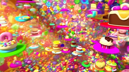 Playful candyland adventure with flying cakes and colorful sweets galore