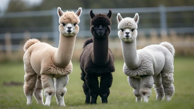 Three young alpacas of varying colors.