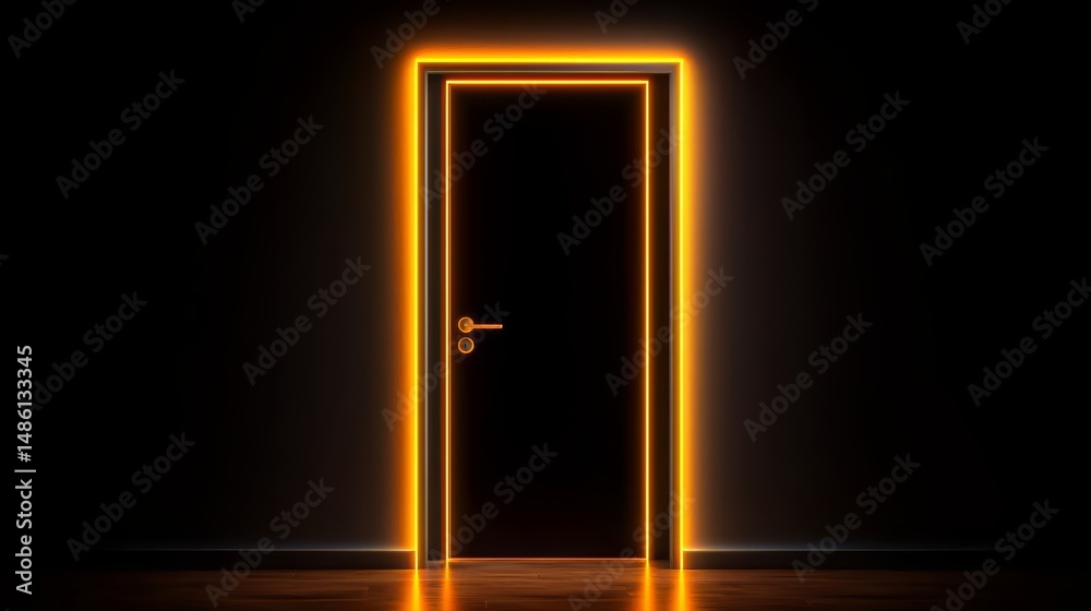 Poster Door with a glowing orange handle is lit up in a dark room. The door is open, revealing a hallway. The scene is mysterious and intriguing