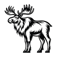 Standing Moose Silhouette with Detailed Antlers in Black and White Minimalist Design