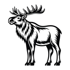 Moose Silhouette Isolated, Wildlife Animal with Antlers, Detailed Black and White Design