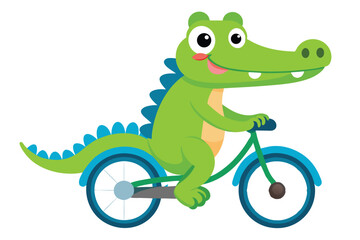 Naklejka premium Animated green crocodile joyfully pedals a blue bicycle forward on a white background