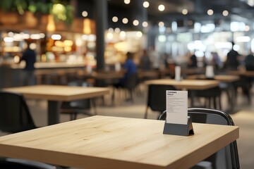 Empty table at a bustling food hall