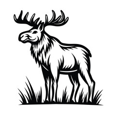 Moose Standing in Grass, Antlers, Wildlife, Monochrome Silhouette, Isolated Stock