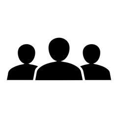 A stylized icon depicting a group of three people in silhouette