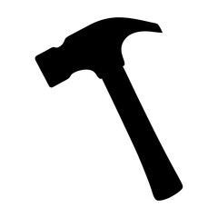 Simple black silhouette image of a claw hammer on a white background