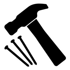 Simple black and white illustration of a hammer with nails on white