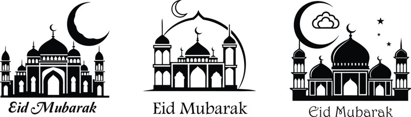 Elegant Black Eid Mubarak Mosque Silhouettes with Crescent Moon and Stars. Islamic Festive Vector Design for Ramadan and Eid Celebrations