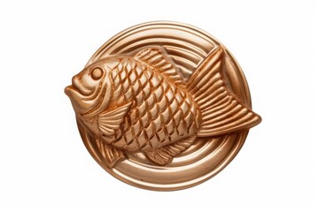 Golden Taiyaki Mold, Fish-Shaped Cake Pan Close Up, Japanese Sweets, 3D Render, Food Photography, White Background, Minimalist