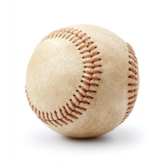 Vintage baseball.  A worn,  light beige leather baseball,  stitched with reddish-brown thread,  isolated on white