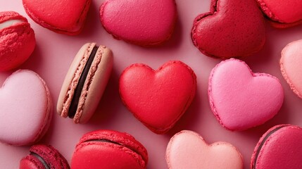 Fototapeta premium Heart-shaped macarons in various shades of red and pink, arranged on a pastel pink background