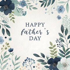 Watercolor Father's Day Card: Blue Floral Frame with Delicate Botanical Details.