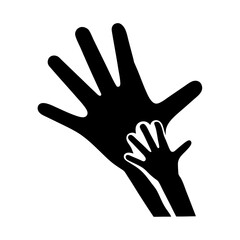 Large hand gently supporting a small hand, symbolizing care and protection