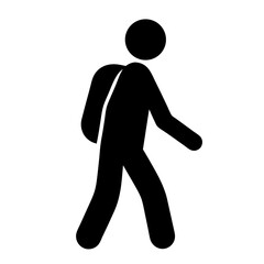 A stylized black figure of a person walking on a white background