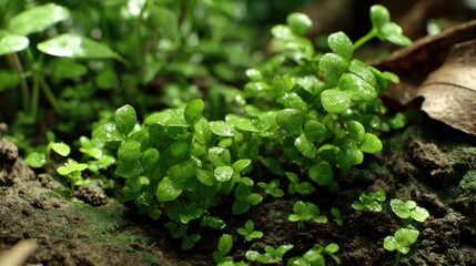Obraz premium Verdant Forest Floor Tiny Green Plants Thrive