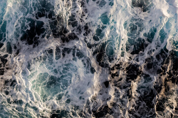 Water surface texture. Aerial view of mesmerizing water with foam. Can be used in covers, packaging, posters, textures, wallpapers, art, and design projects. Artistic vector illustration.