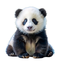 Fototapeta premium A fluffy baby panda sits and gazes gently to the side against a bright background.