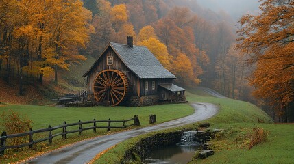 Blue Ridge Mountains Waterwheel Mill - Rural Landscape with Forested Paths and Verdant Meadows