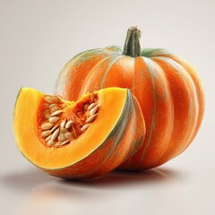 Fresh Pumpkin Photography: Whole and Slice, Orange, Green, Seeds, Autumn Harvest, Fall Cooking, Beige Background, Food Still Life