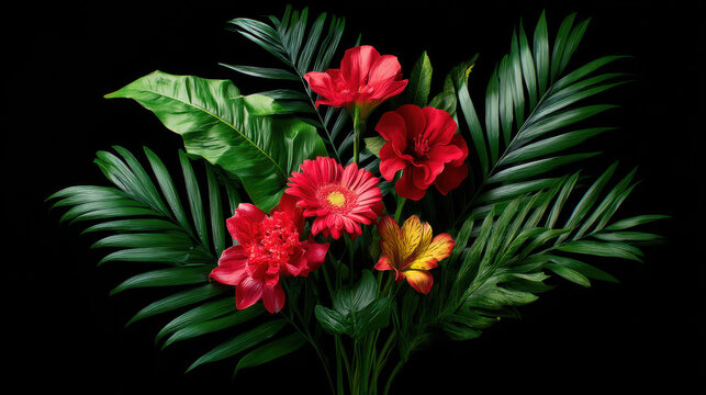 A lush botanical arrangement showcases vibrant red and yellow flowers led amongst an array of rich green tropical foliage against a stark black backdrop today.