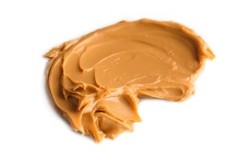 Tasty peanut butter isolated on white, top view