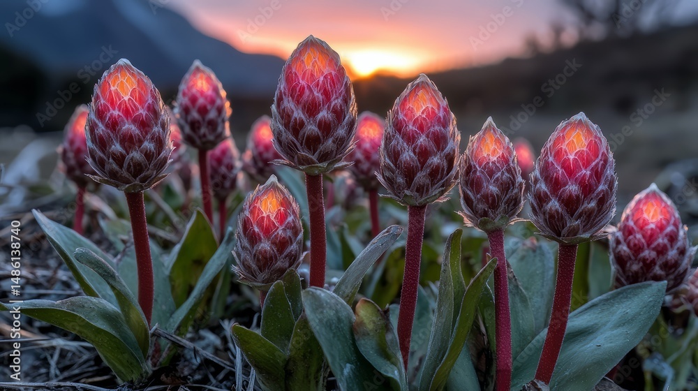 Aufkleber Field of red flowers with a sunset in the background. The flowers are small and clustered together, creating a sense of unity and harmony. The sunset adds a warm