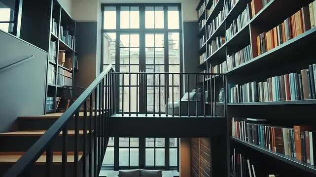 Modern library interior featuring bookshelves, cozy seating, and large windows with natural light