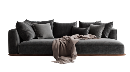 Elegant gray sofa adorned with plush cushions and a cozy throw against a stark backdrop