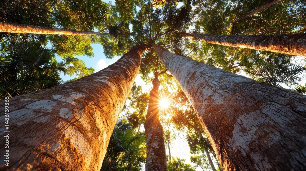 Poster forest with three tall trees in the foreground. the sun is shining brightly on the trees, creating a