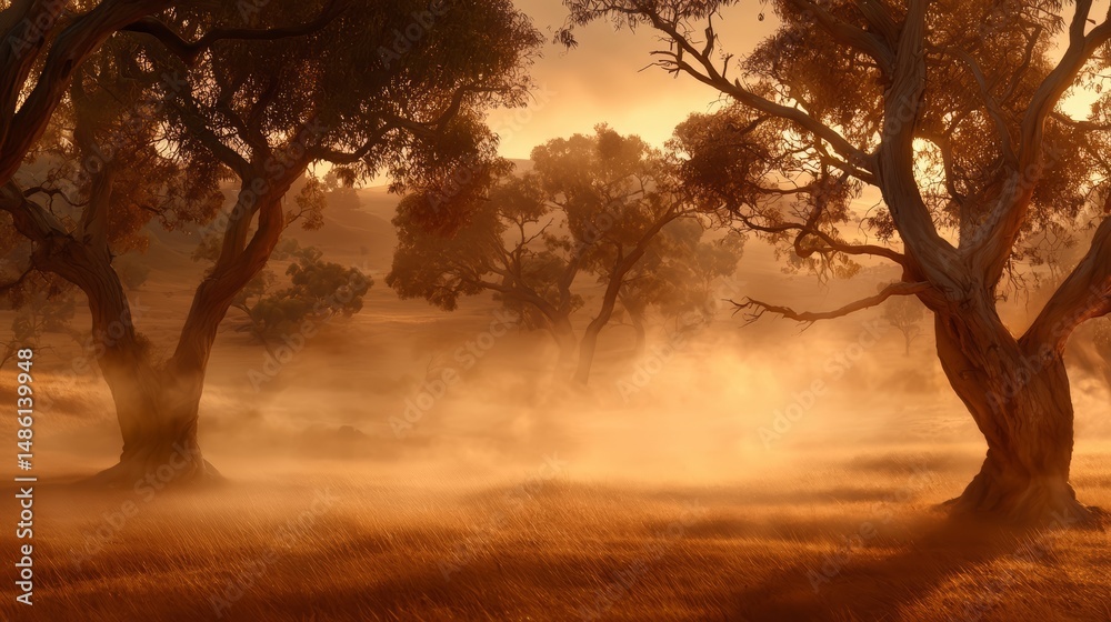 Poster forest with trees and fog. the trees are tall and the fog is thick. scene is mysterious and serene