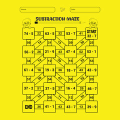 Subtraction maze puzzle worksheet for children