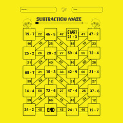 Subtraction maze puzzle worksheet for children