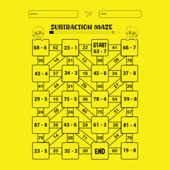 Subtraction maze puzzle worksheet for children