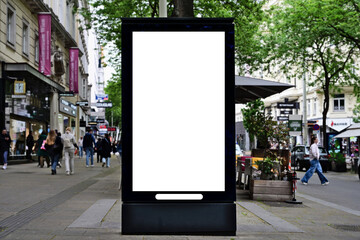 blank digital ad panel. billboard display. empty white lightbox sign on a popular shopping street....